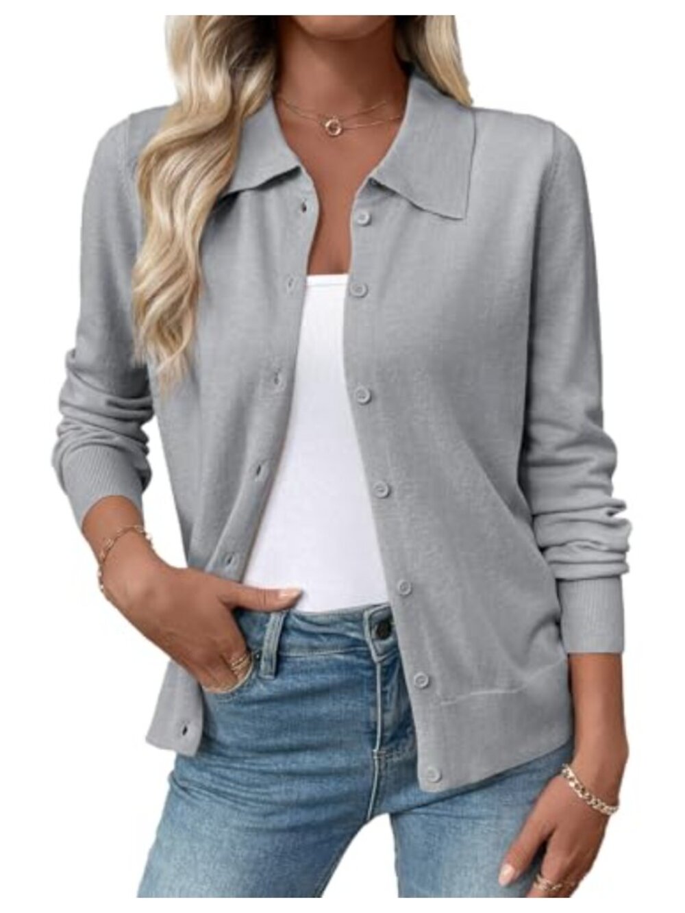Lightweight Button Down Cardigan Sweater with Lapel Collar Long Sleeve